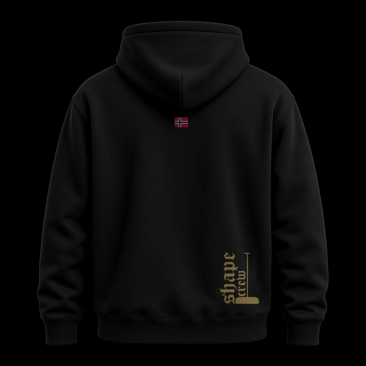Black Shapecrew hoodie, back view with Norwegian flag and muted gold Shape crew rake logo