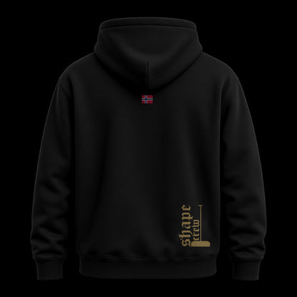 Black Shapecrew hoodie, back view with Norwegian flag and muted gold Shape crew rake logo