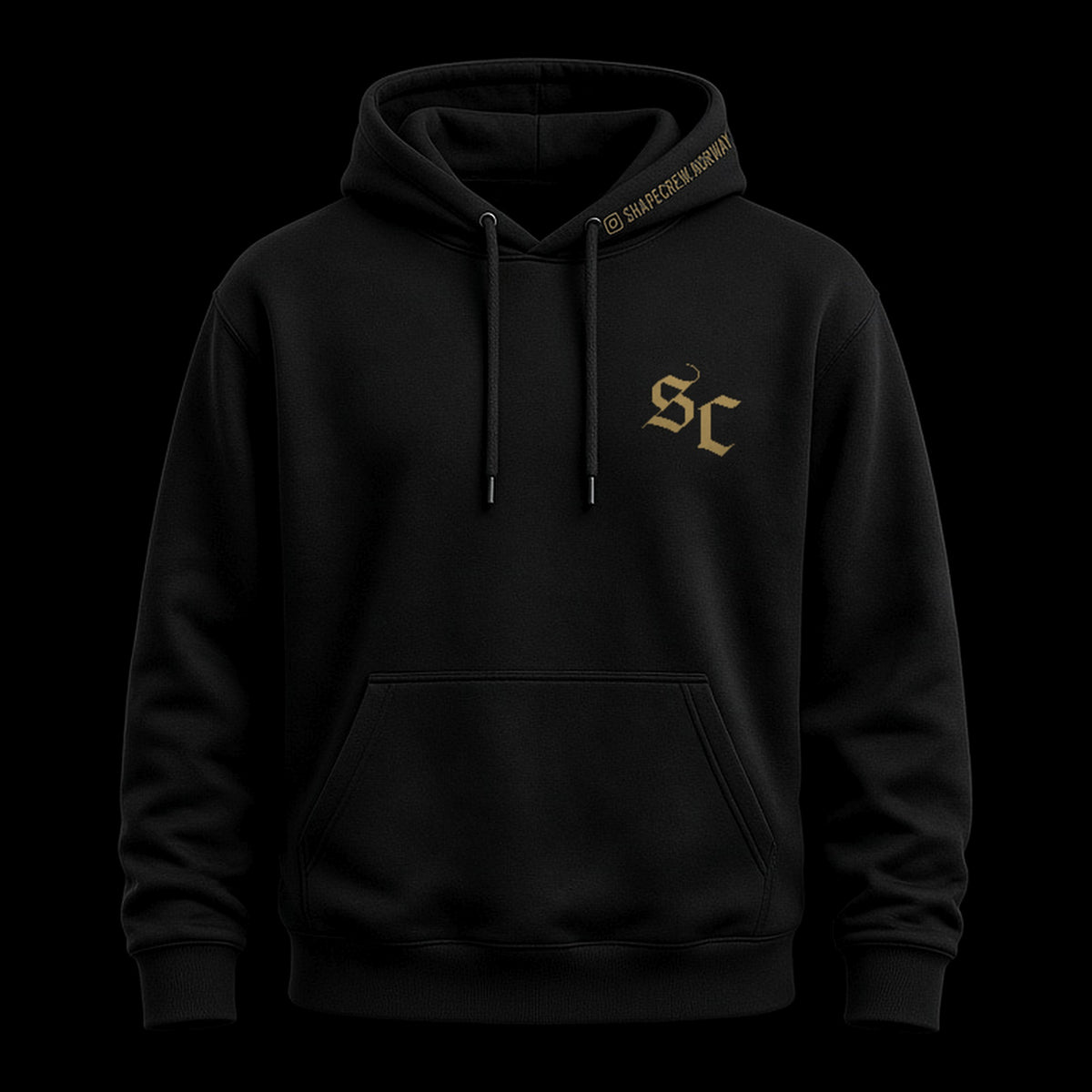 Black Shapecrew hoodie with muted gold SC monogram on the chest, front view