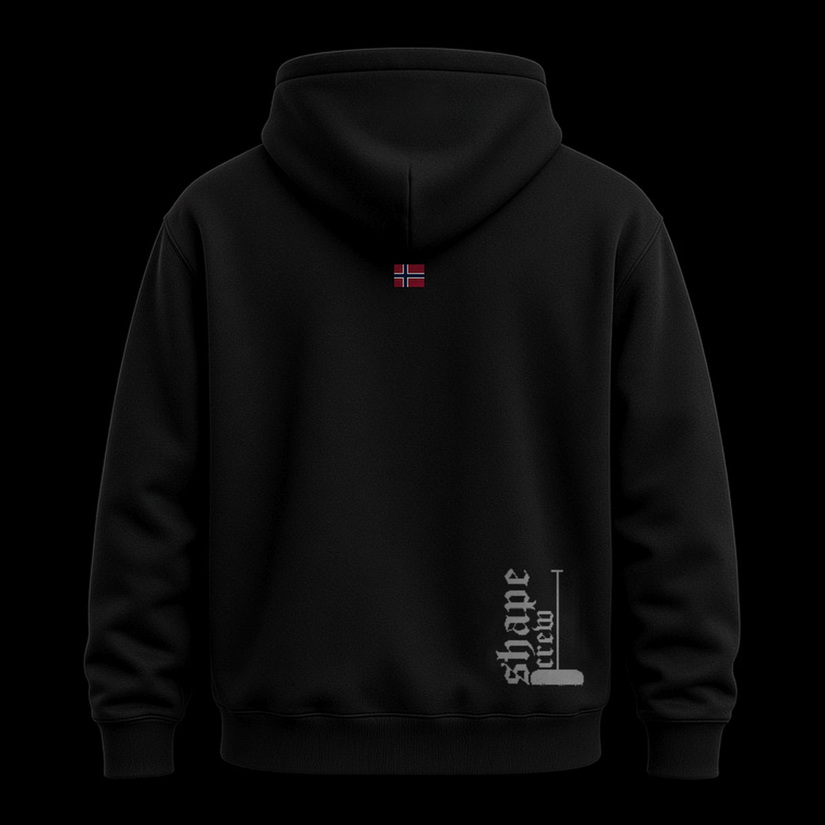 Black Shapecrew hoodie, back view with Norwegian flag and grey/silver Shape crew rake logo
