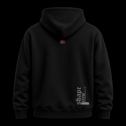 Black Shapecrew hoodie, back view with Norwegian flag and grey/silver Shape crew rake logo