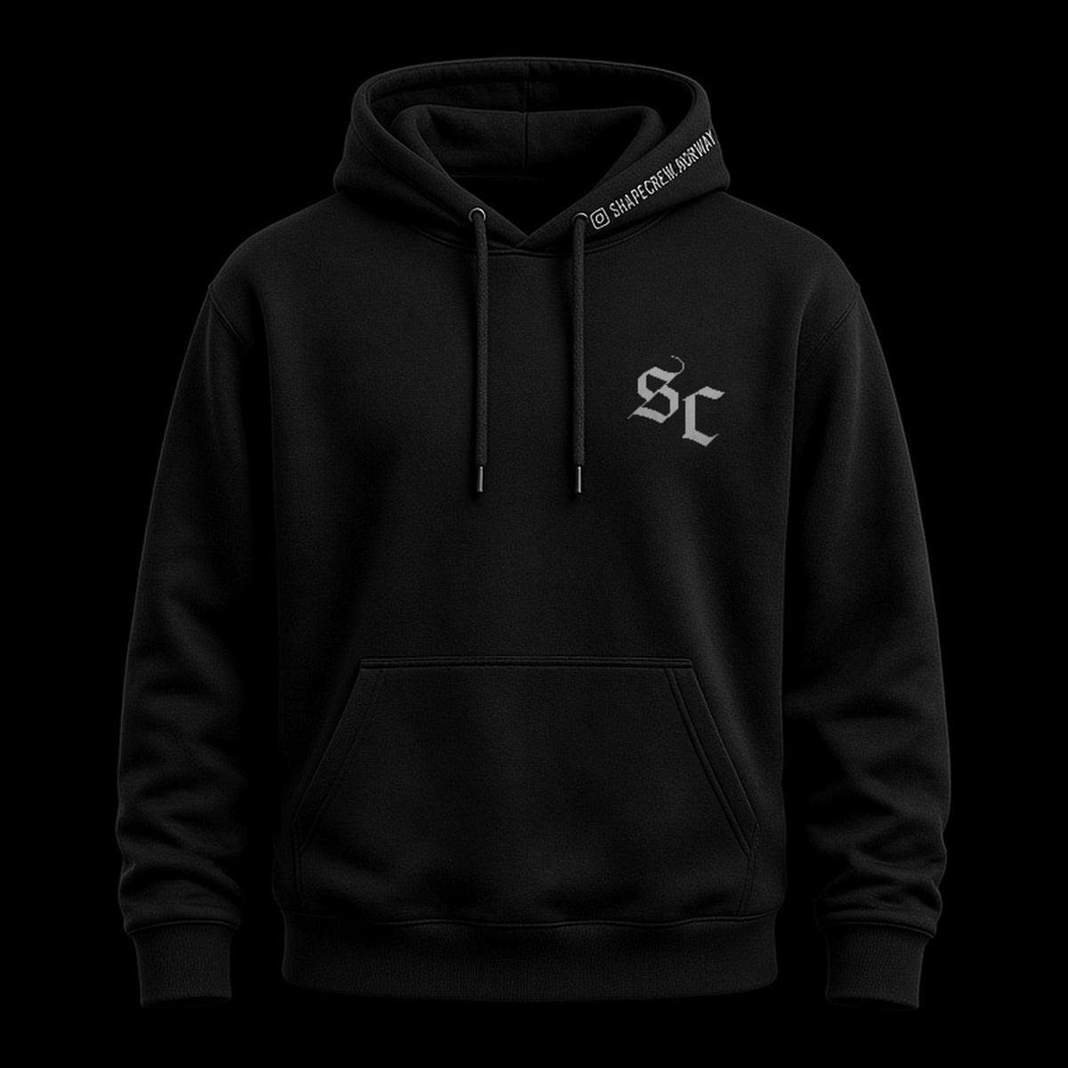 Black Shapecrew hoodie with grey/silver SC monogram on the chest, front view