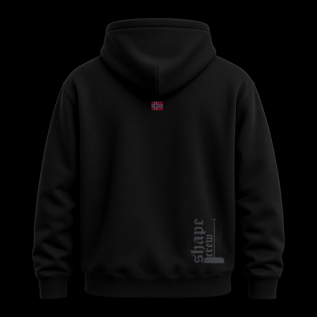 Black Shapecrew hoodie, back view with Norwegian flag and dark gunmetal Shape crew rake logo