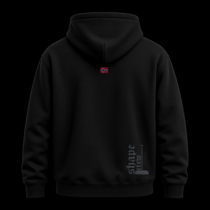 Black Shapecrew hoodie, back view with Norwegian flag and dark gunmetal Shape crew rake logo